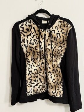 Faux Fur Leopard-Front Hoodie Jacket - Black